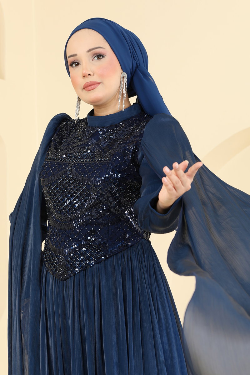 Beaded Organza Evening Dress - Navy