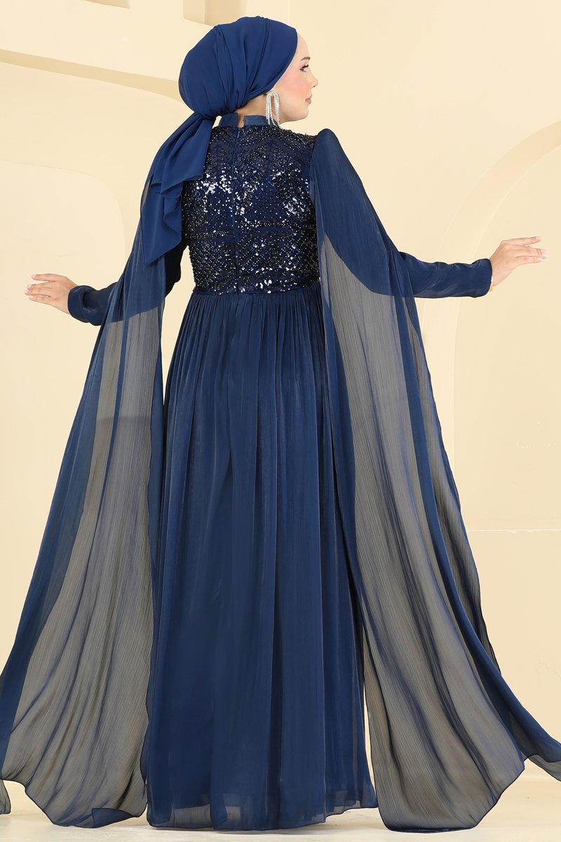 Beaded Organza Evening Dress - Navy