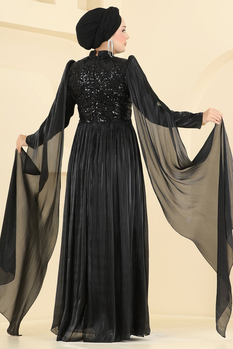 Beaded Organza Evening Dress - Black