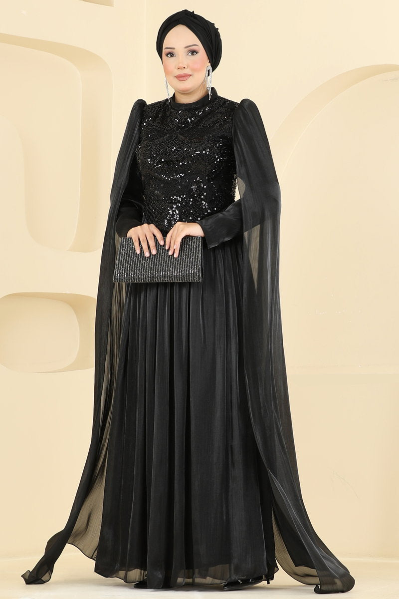 Beaded Organza Evening Dress - Black