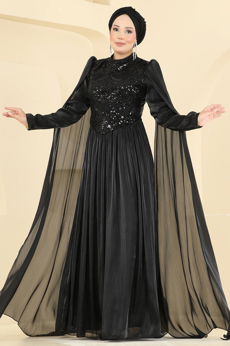 Beaded Organza Evening Dress - Black