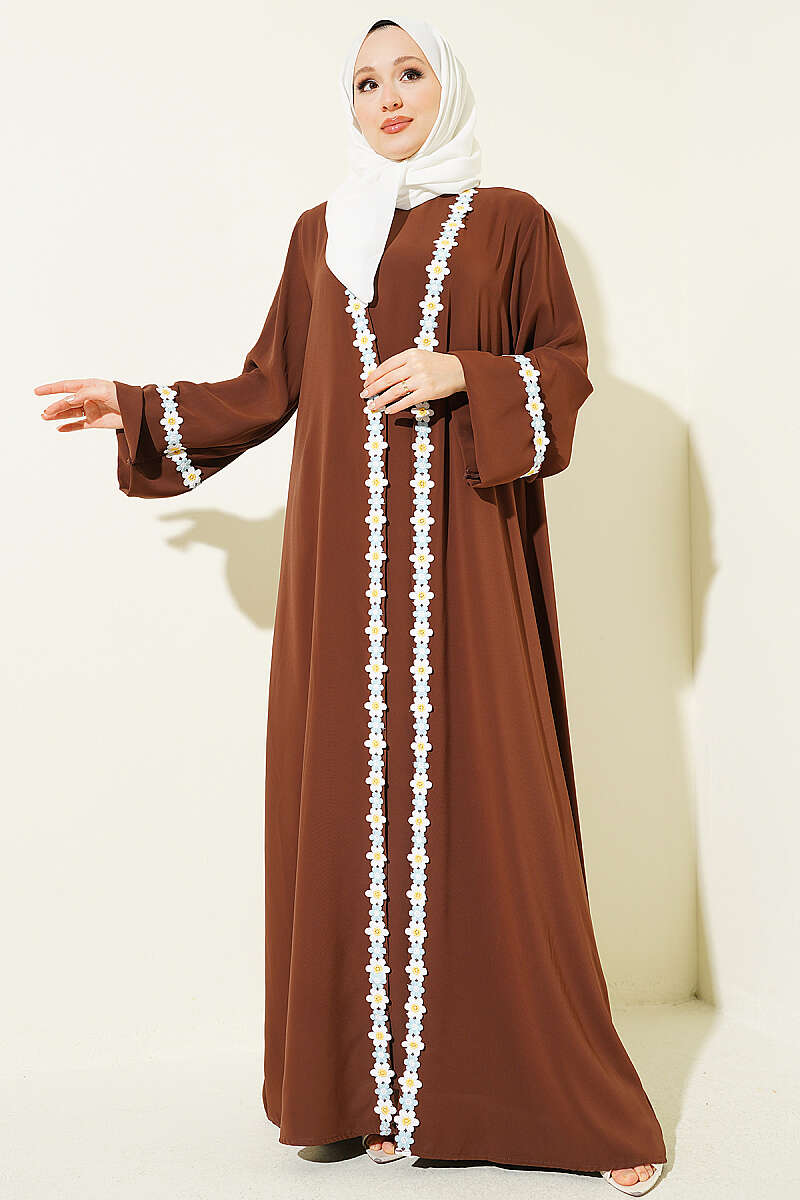 Belted Beaded Abaya - Brown