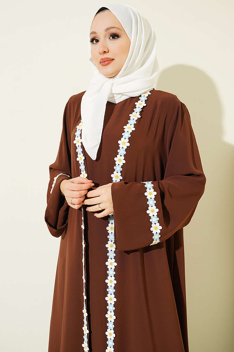 Belted Beaded Abaya - Brown
