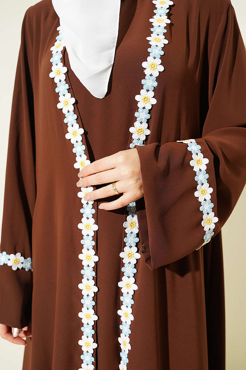 Belted Beaded Abaya - Brown