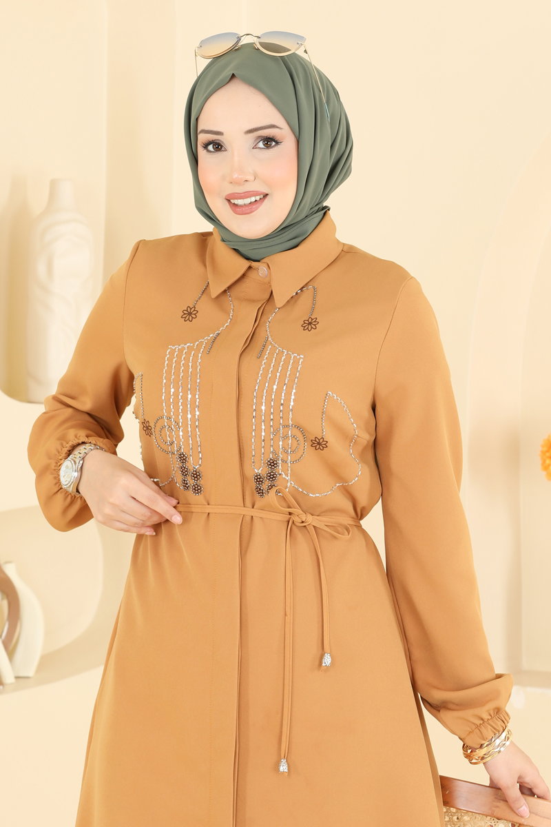 Elegant Beaded Double Knit Tunic - Mustard