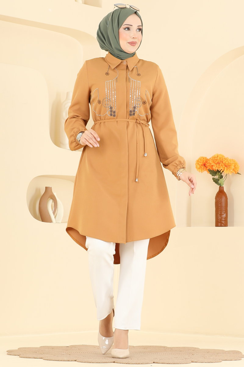 Elegant Beaded Double Knit Tunic - Mustard