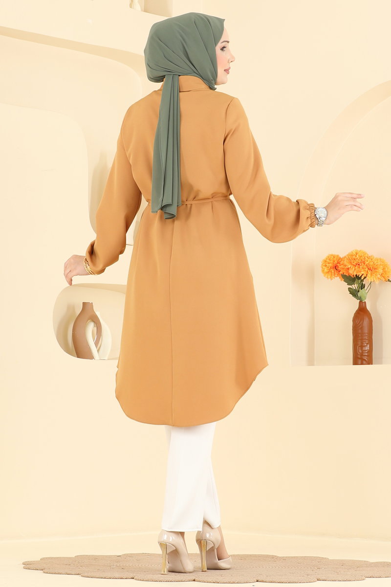 Elegant Beaded Double Knit Tunic - Mustard