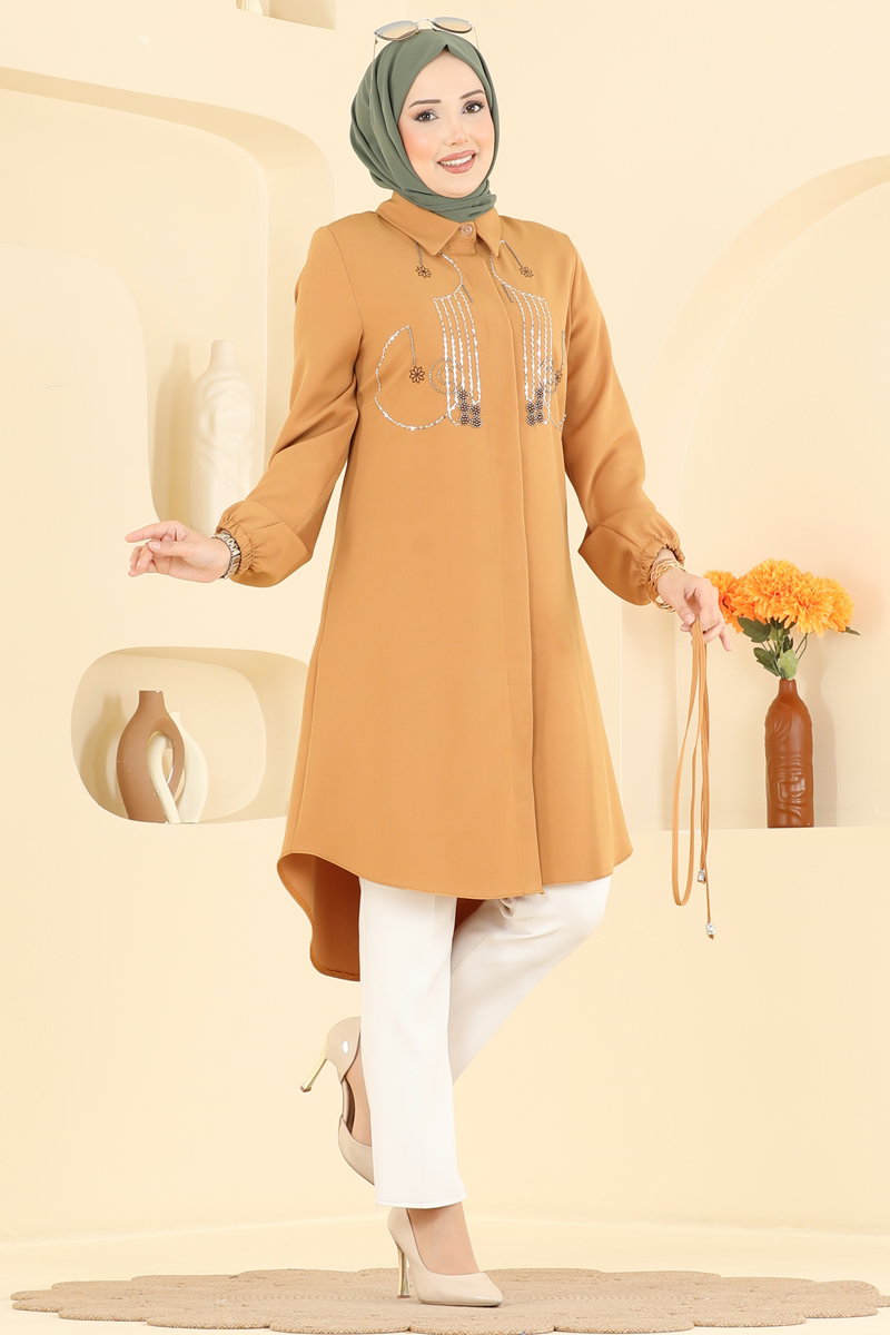 Elegant Beaded Double Knit Tunic - Mustard