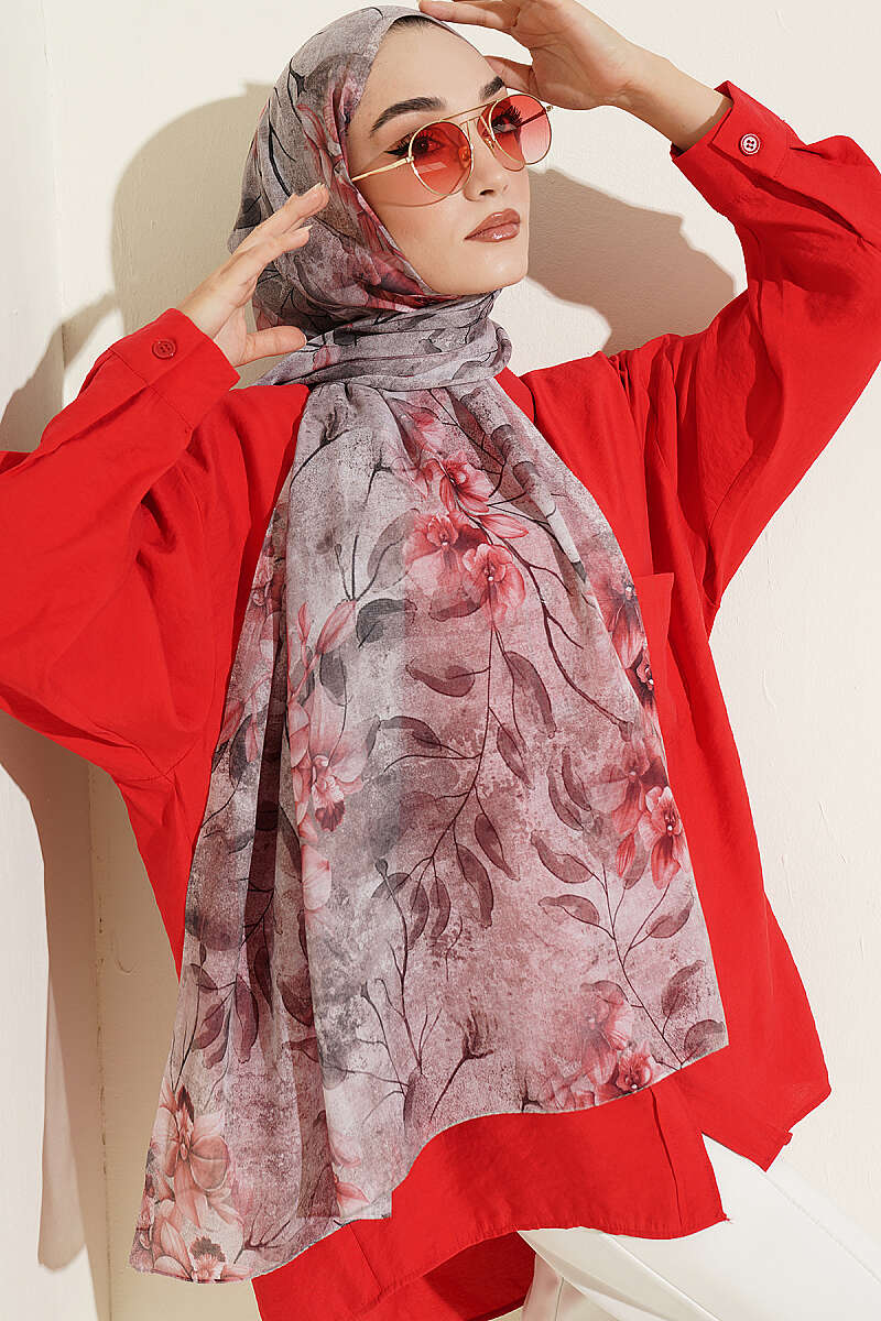 Botanical Floral Bamboo Shawl - Light Mink