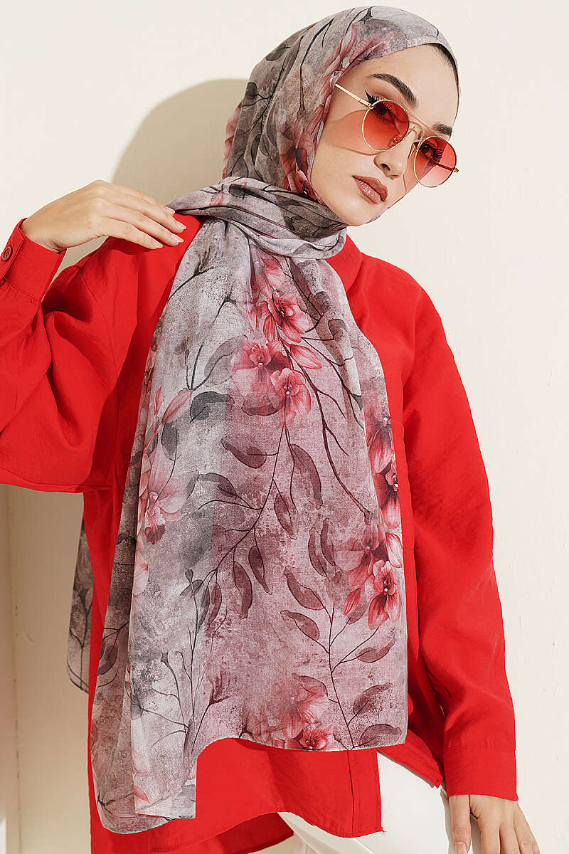 Botanical Floral Bamboo Shawl - Light Mink