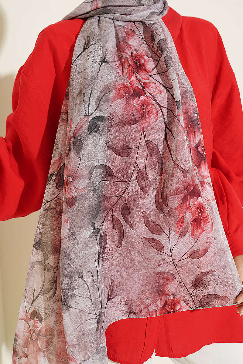 Botanical Floral Bamboo Shawl - Light Mink