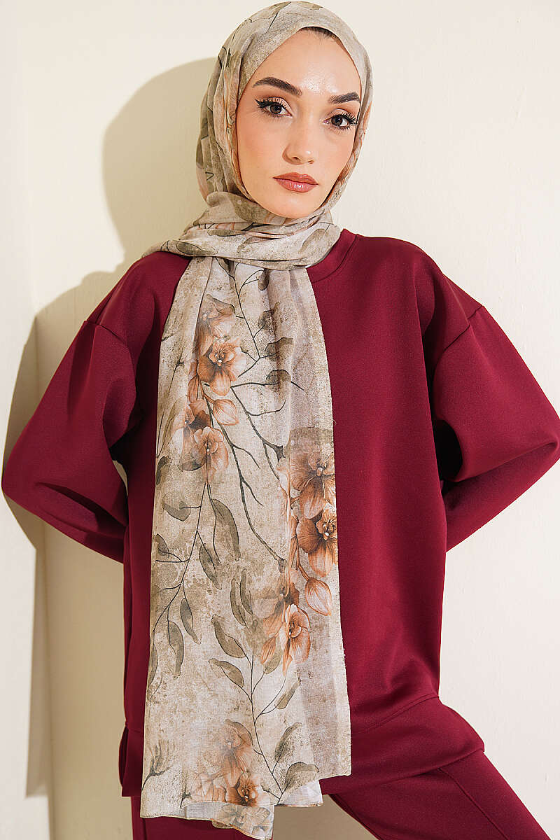 Botanical Floral Bamboo Shawl - Almond Green