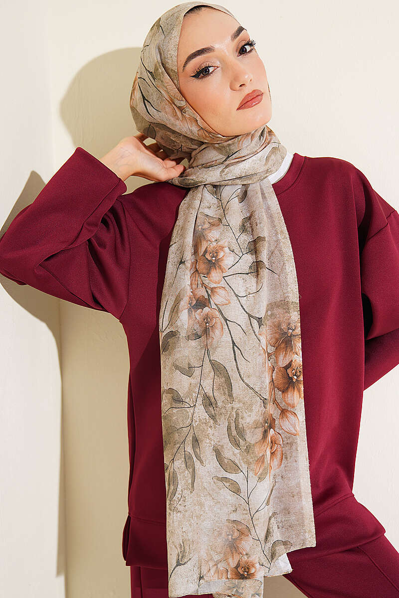 Botanical Floral Bamboo Shawl - Almond Green