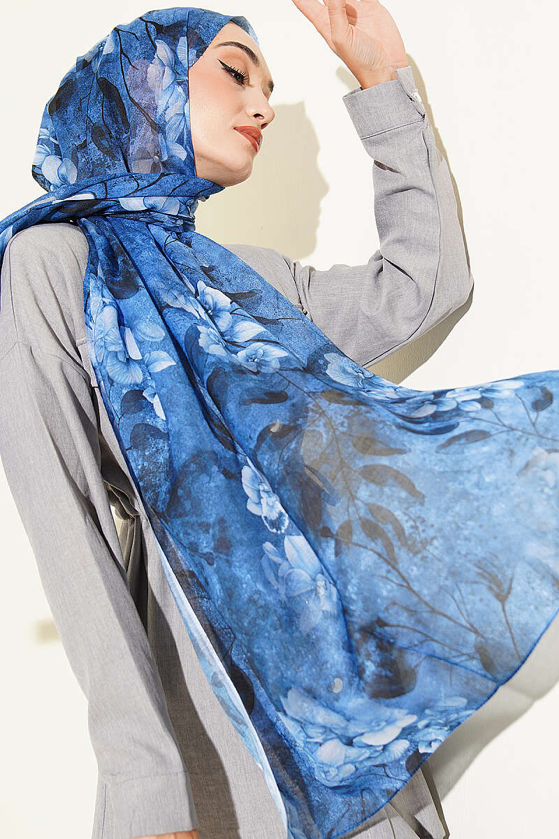 Botanical Floral Bamboo Shawl - Navy