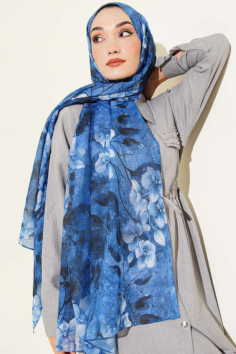 Botanical Floral Bamboo Shawl - Navy
