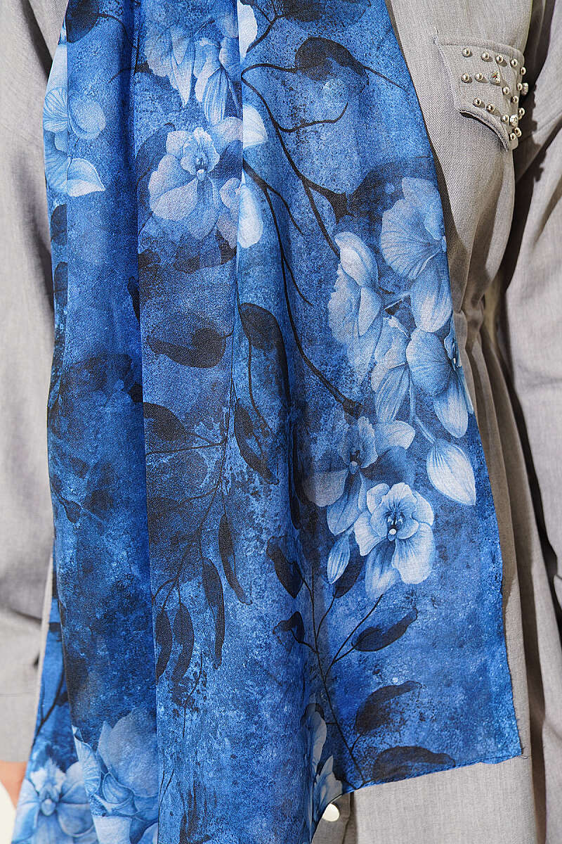 Botanical Floral Bamboo Shawl - Navy