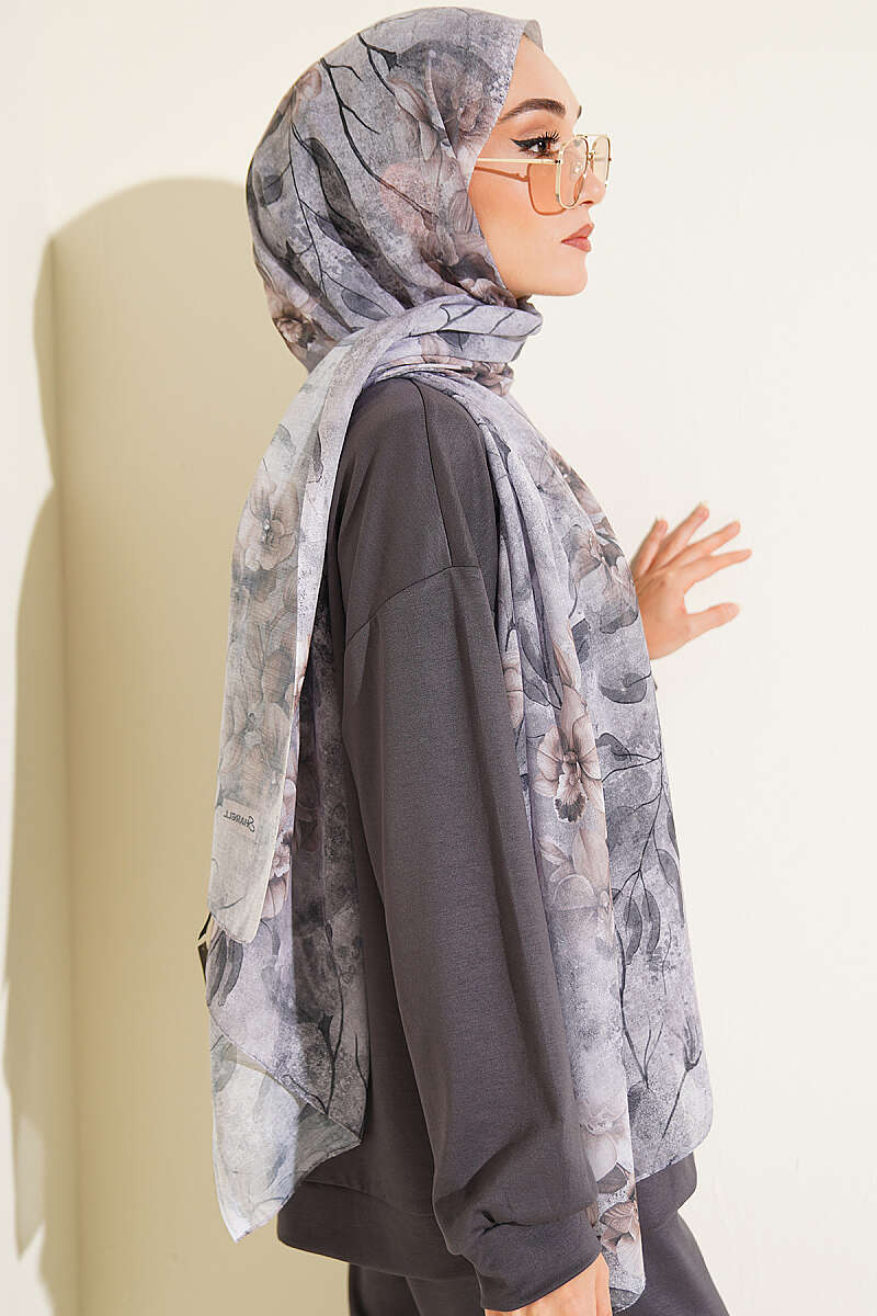 Botanical Floral Bamboo Shawl - Stone Grey