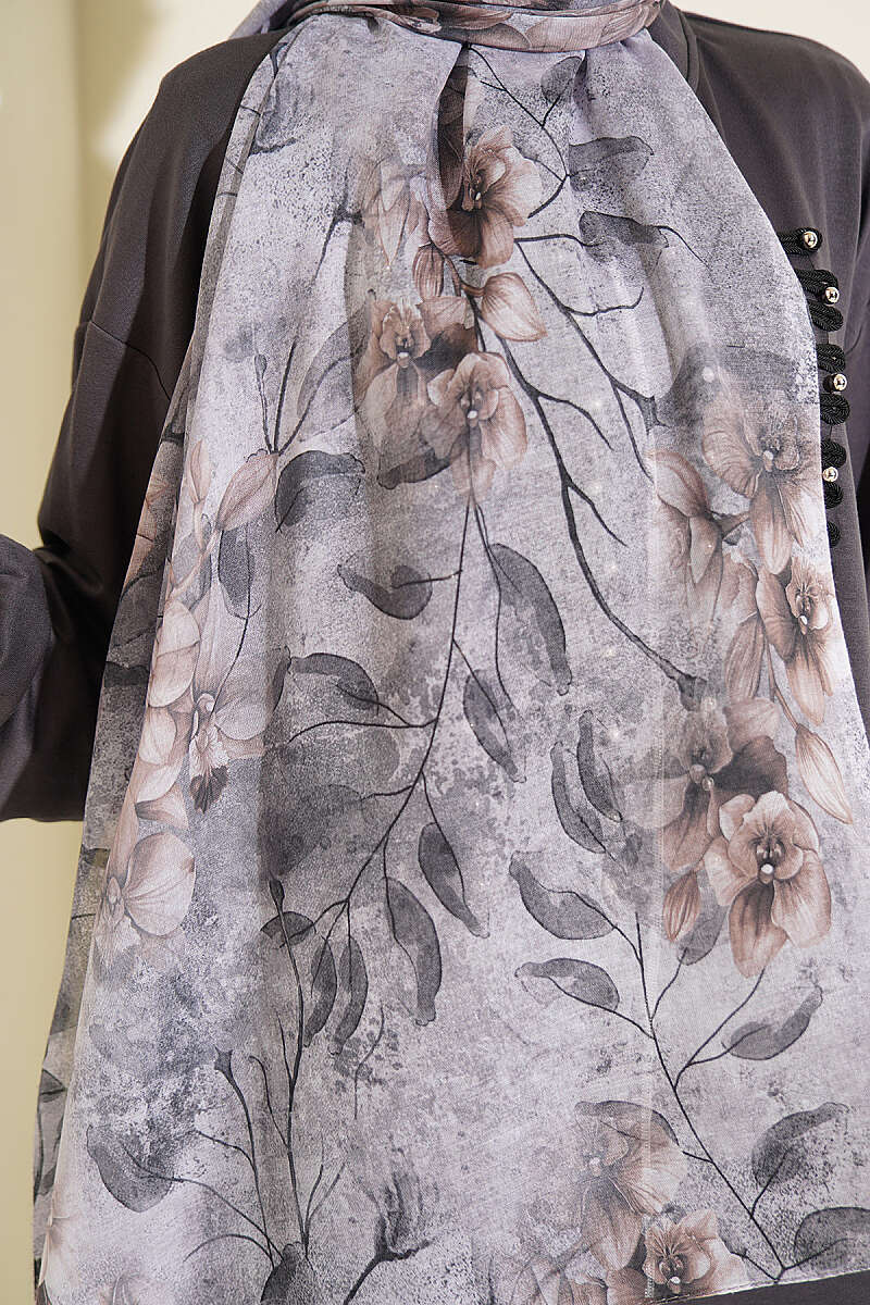 Botanical Floral Bamboo Shawl - Stone Grey