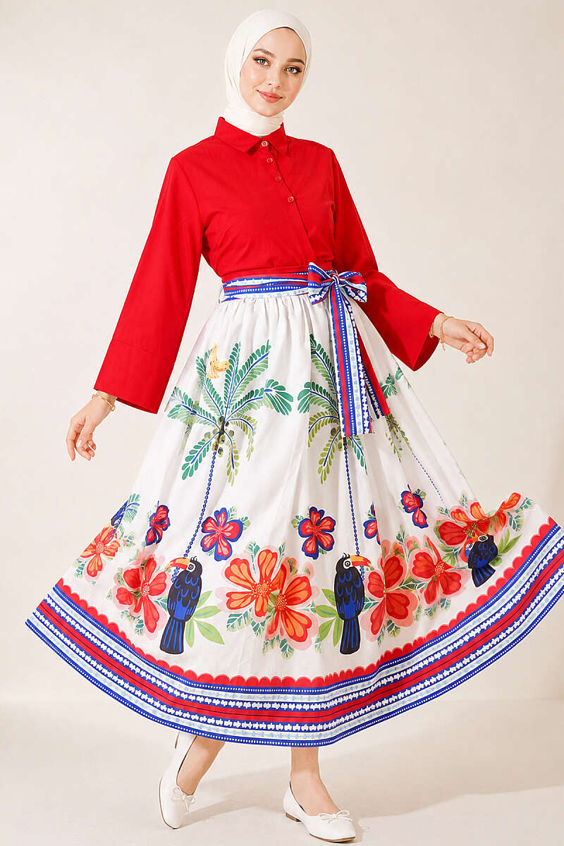 Botanical Print Two-Piece Skirt Set - Red