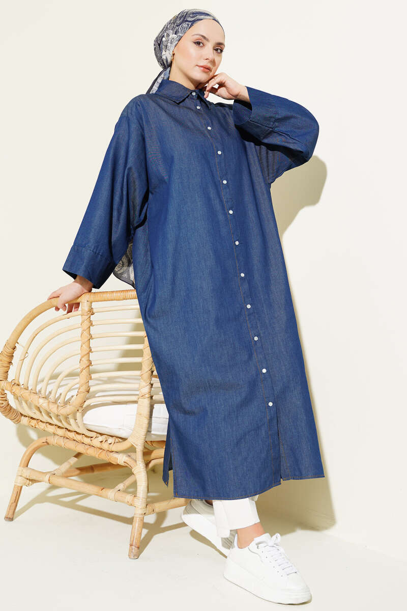 Long Denim Tunic with Snap Buttons - Navy