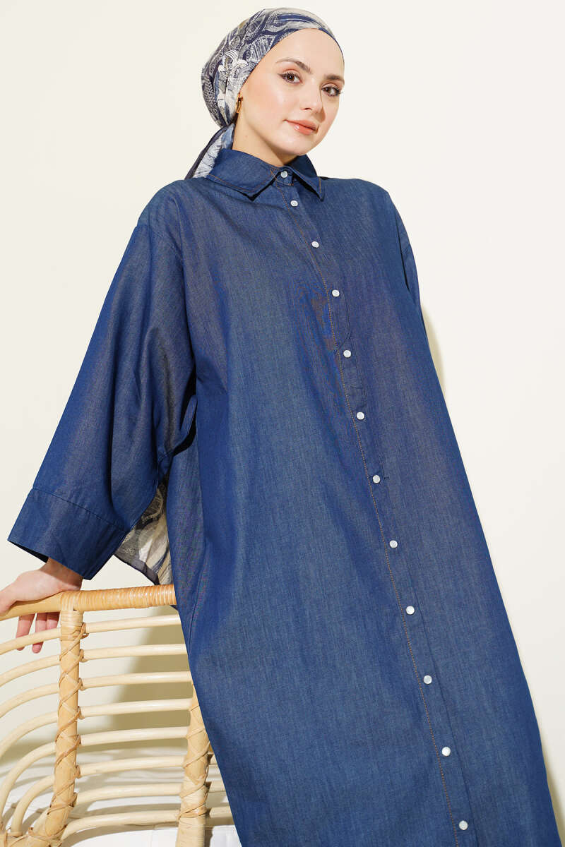 Long Denim Tunic with Snap Buttons - Navy