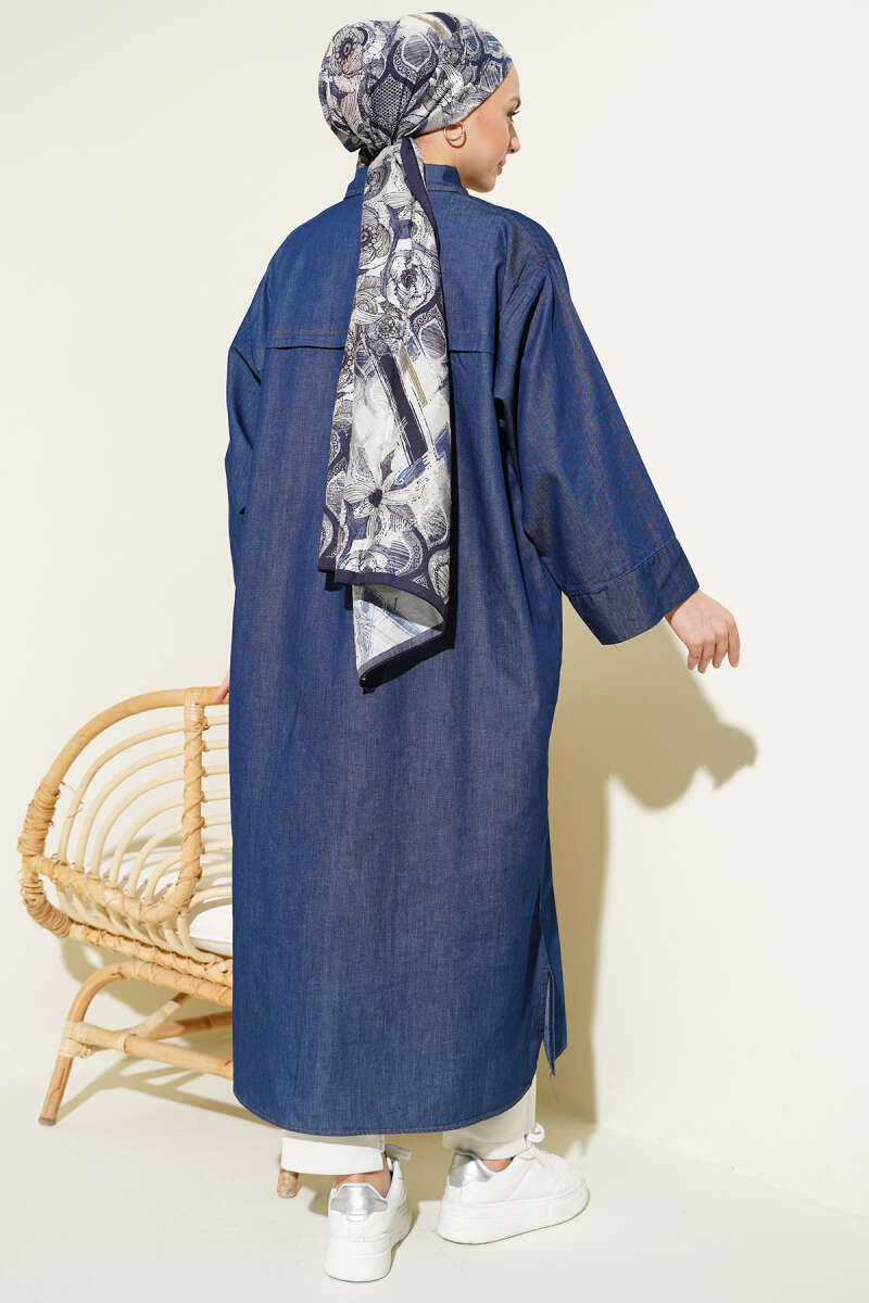 Long Denim Tunic with Snap Buttons - Navy