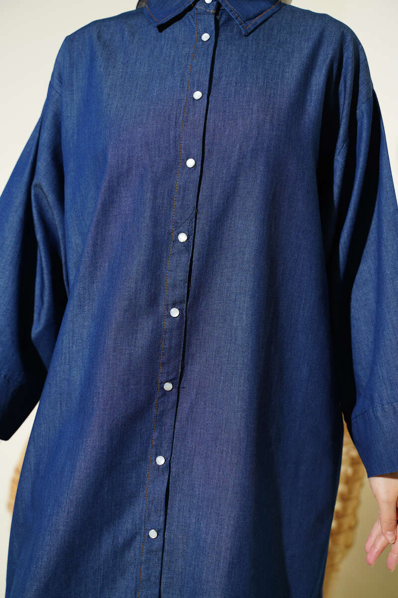 Long Denim Tunic with Snap Buttons - Navy