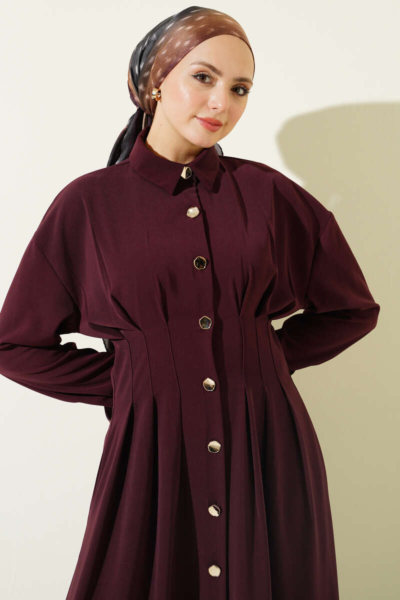 Button-Through Dress with Waist Darts - Burgundy