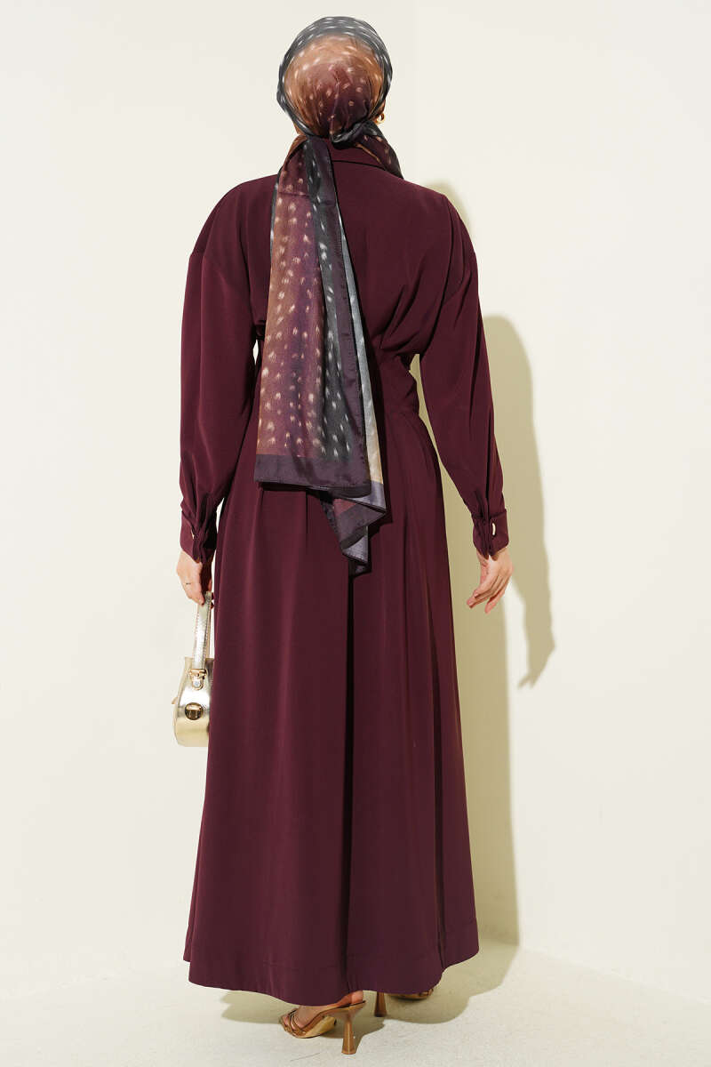 Button-Through Dress with Waist Darts - Burgundy