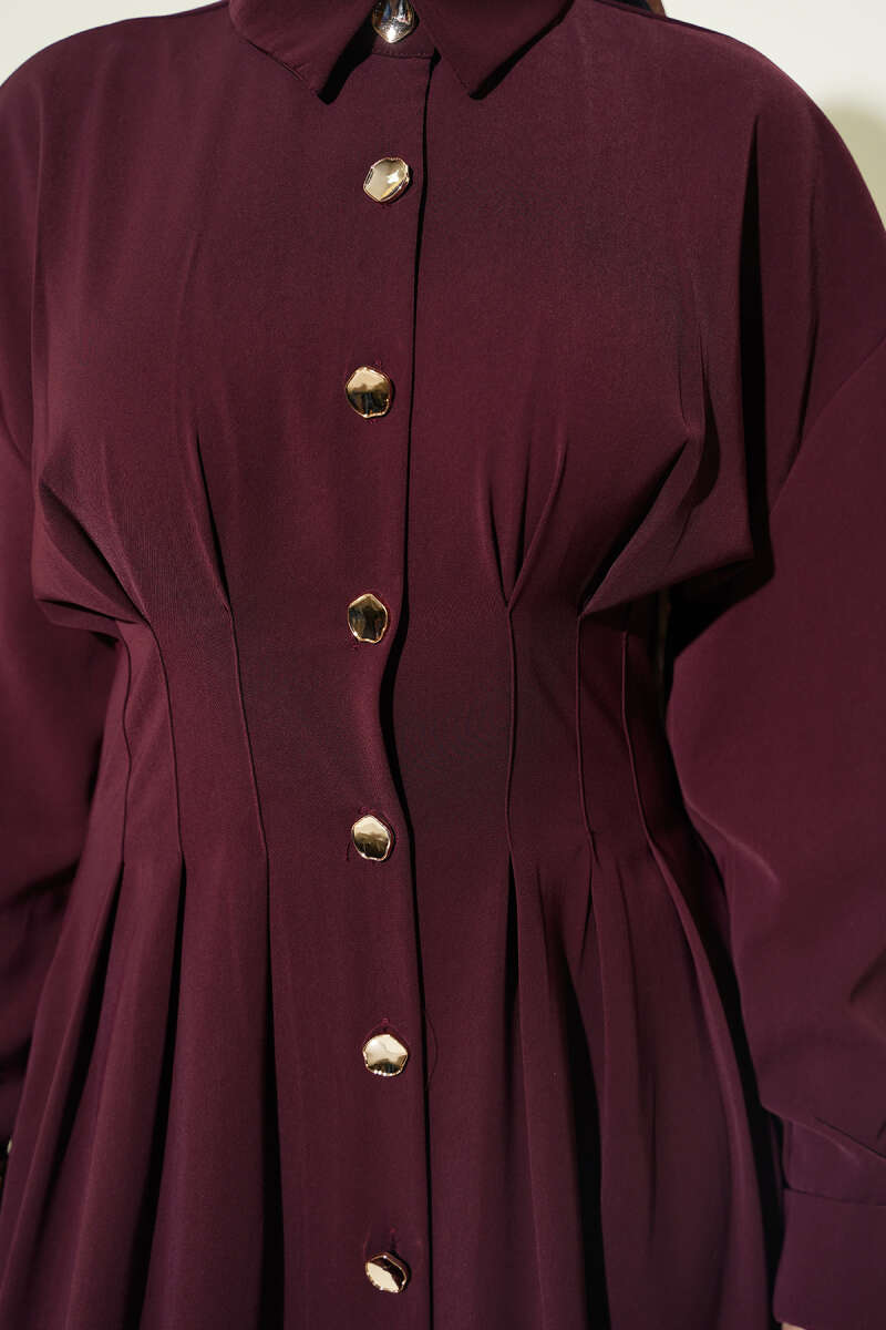 Button-Through Dress with Waist Darts - Burgundy
