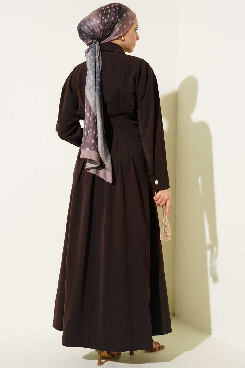Button-Through Dress with Waist Darts - Brown