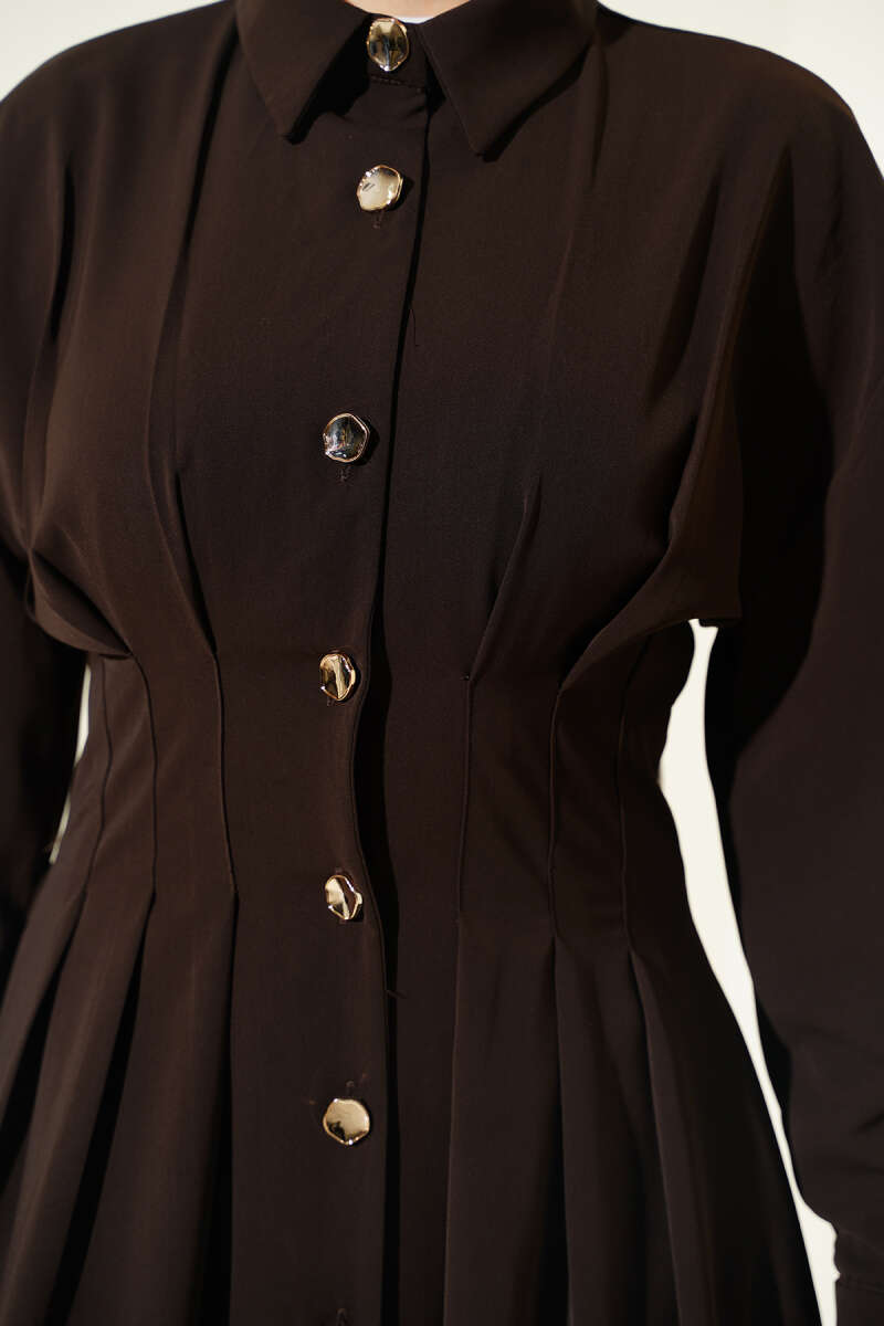 Button-Through Dress with Waist Darts - Brown