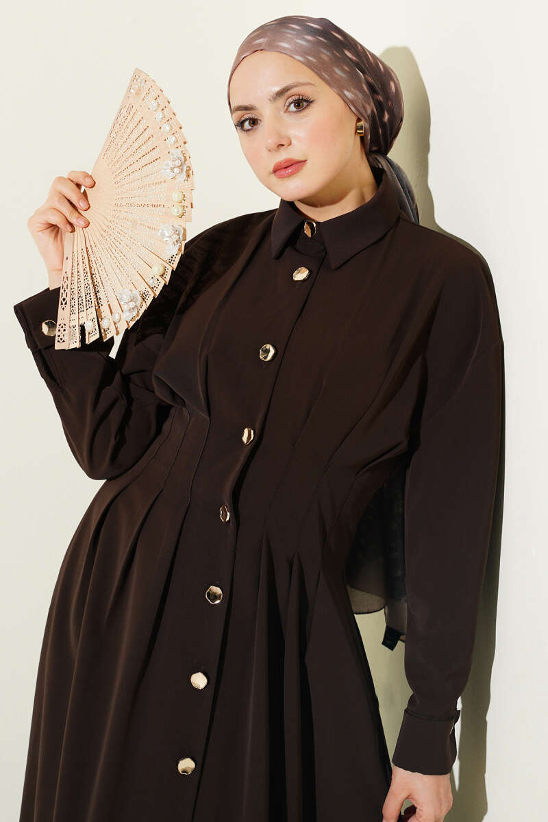 Button-Through Dress with Waist Darts - Brown