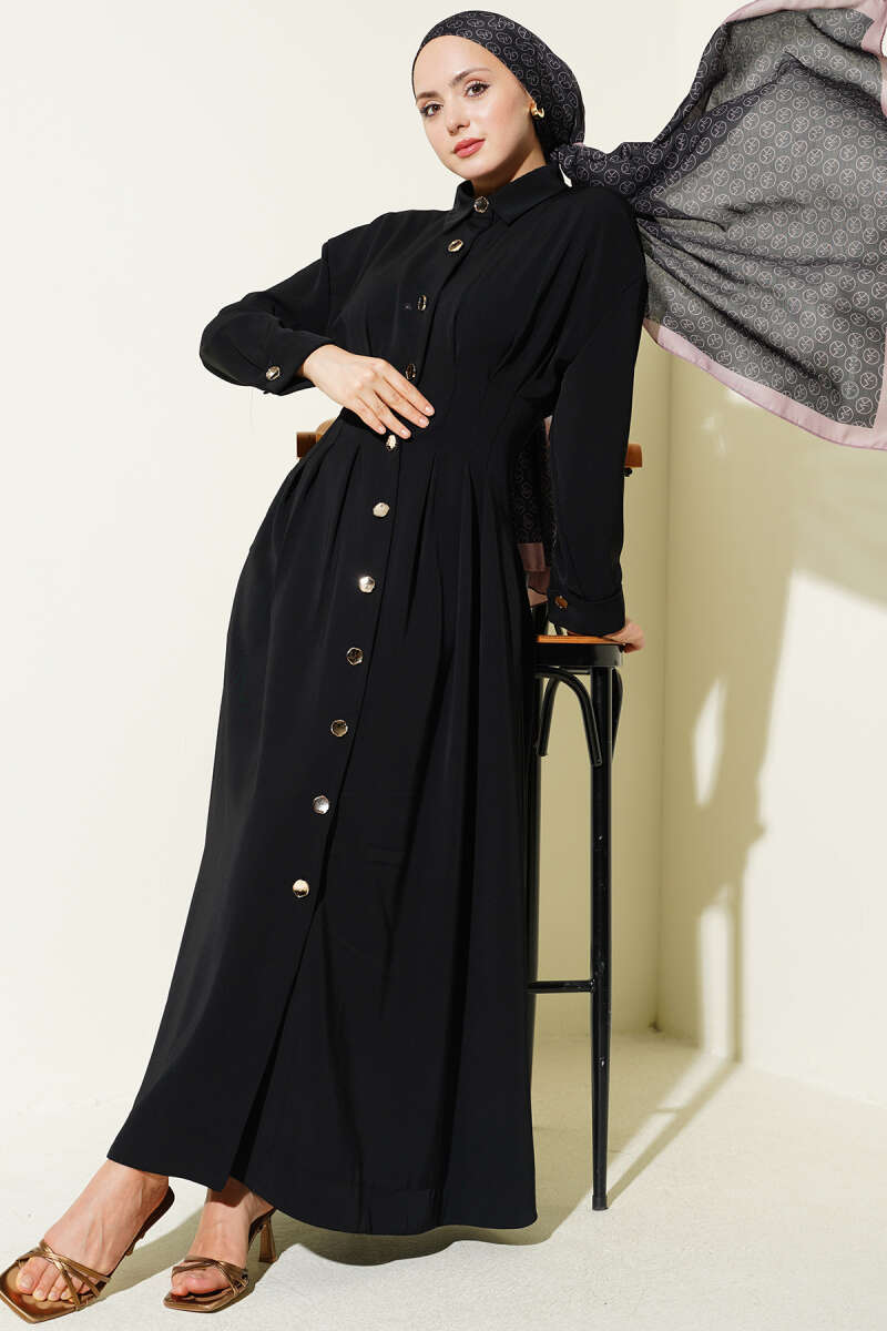 Button-Through Dress with Waist Darts - Black