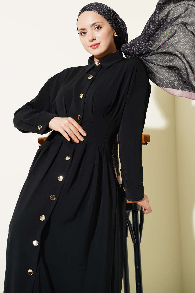 Button-Through Dress with Waist Darts - Black