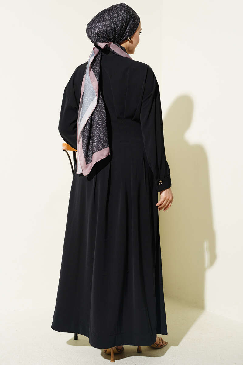 Button-Through Dress with Waist Darts - Black