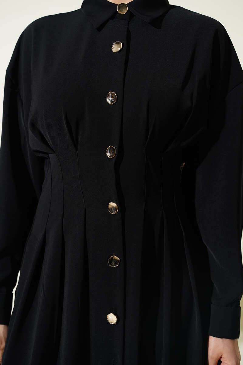Button-Through Dress with Waist Darts - Black
