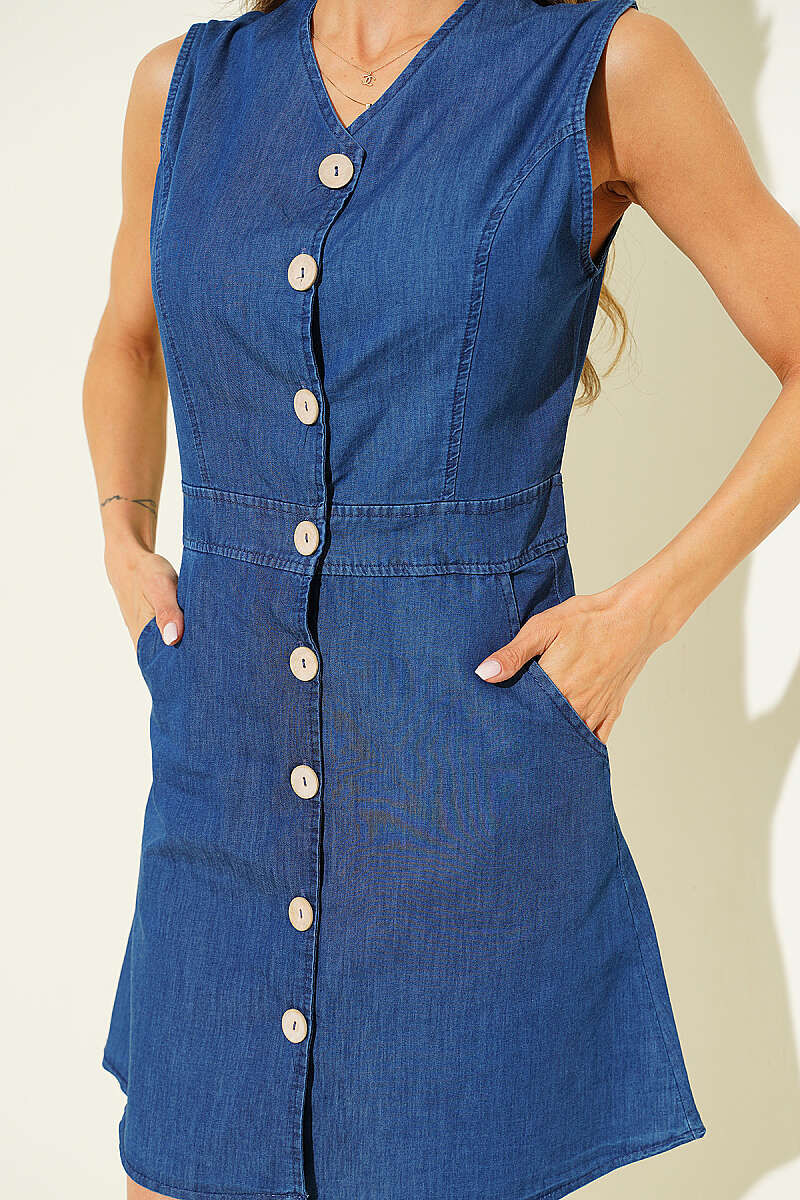 Button-Through Denim Mini Dress with Pockets - Classic Denim
