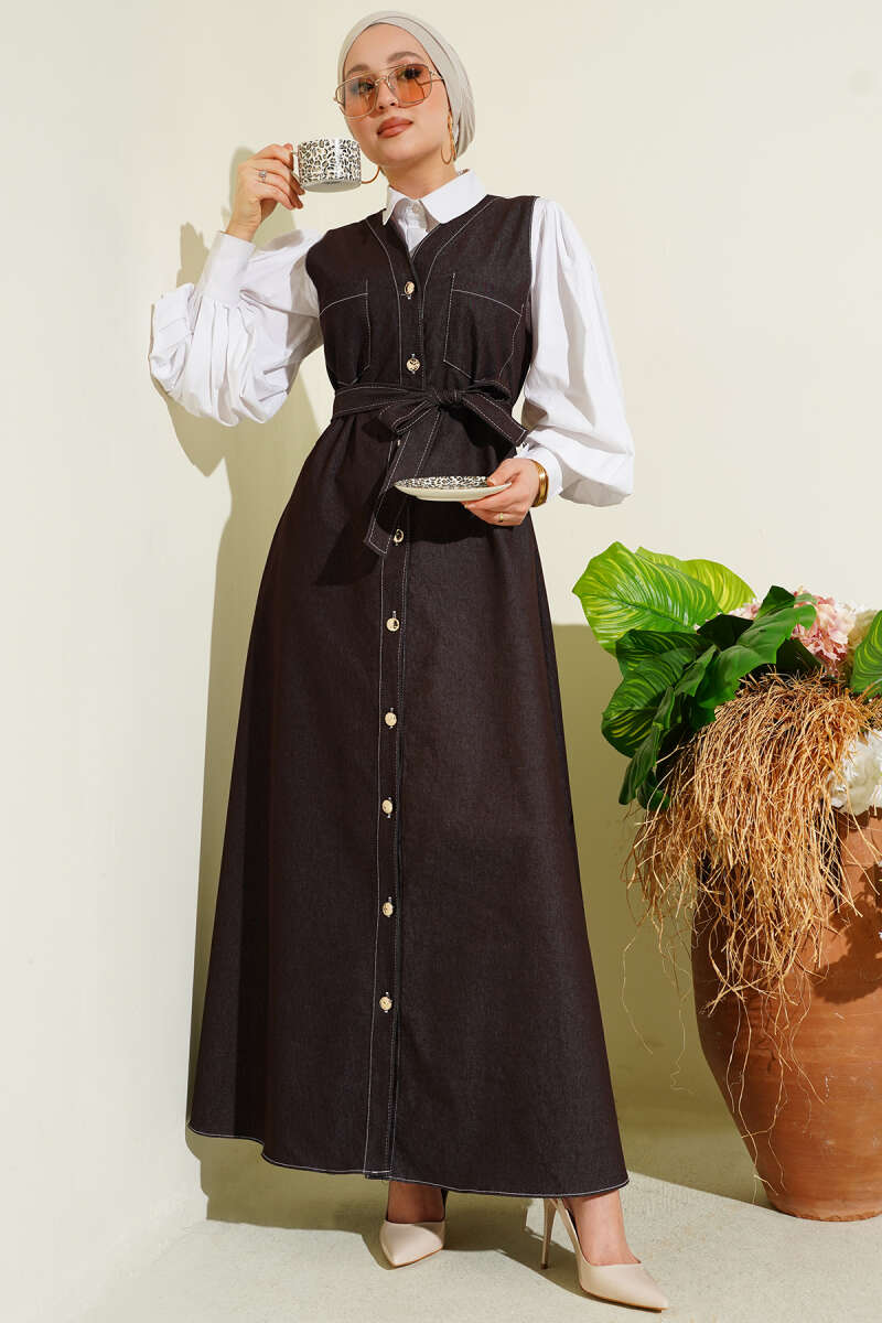 Button-Through Denim Pinafore with Two Pockets - Brown