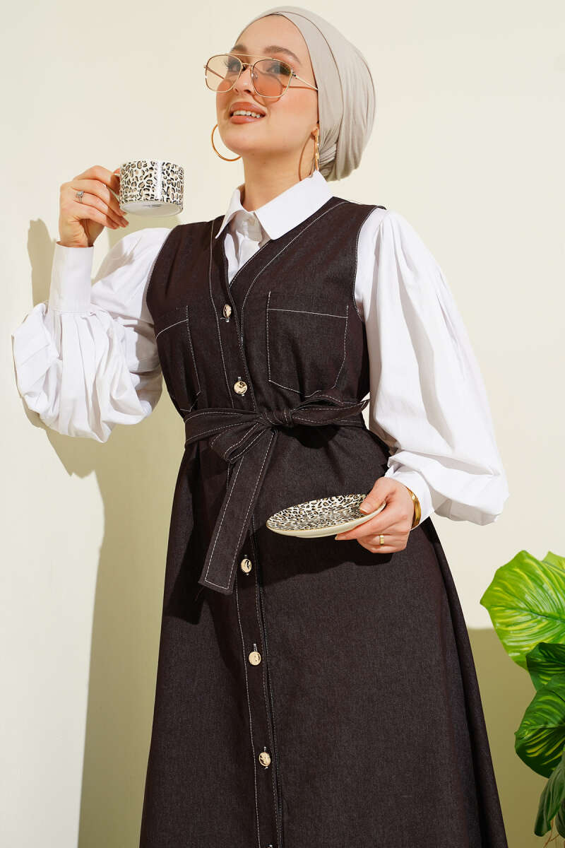 Button-Through Denim Pinafore with Two Pockets - Brown