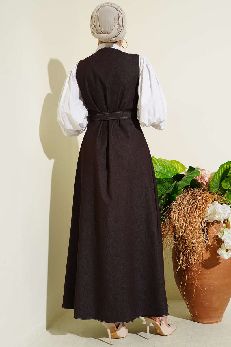 Button-Through Denim Pinafore with Two Pockets - Brown