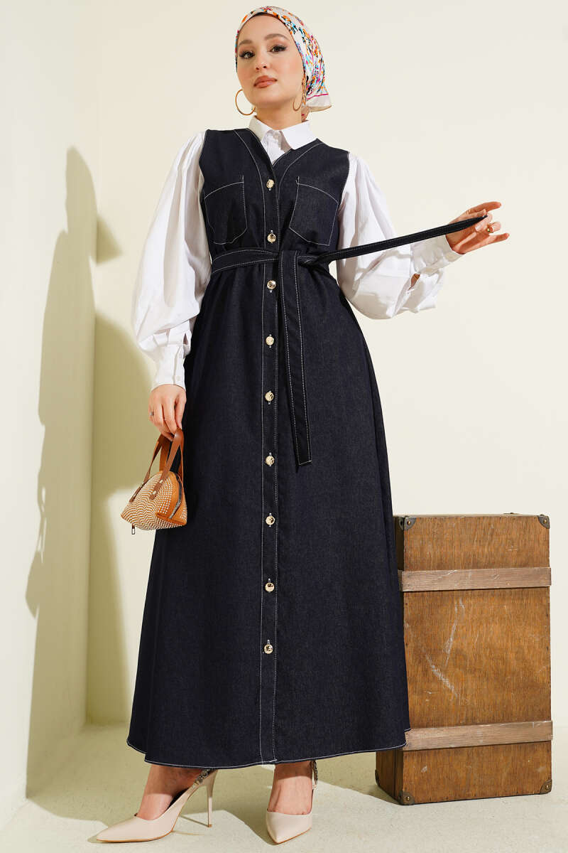 Button-Through Denim Pinafore with Two Pockets - Navy