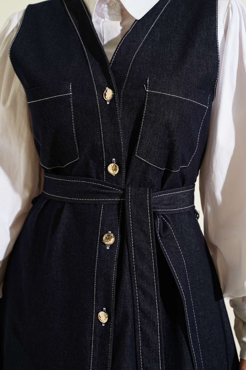 Button-Through Denim Pinafore with Two Pockets - Navy