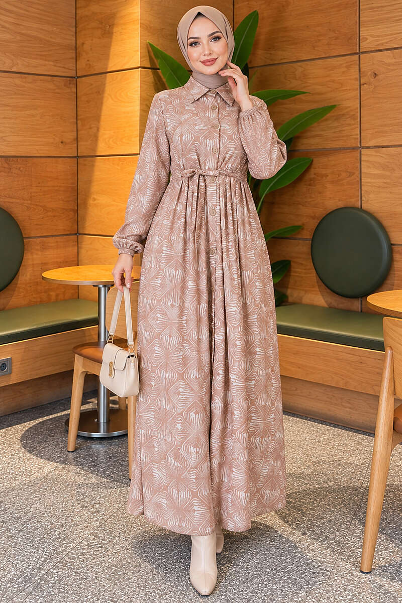 Button-Through Patterned Dress - Beige