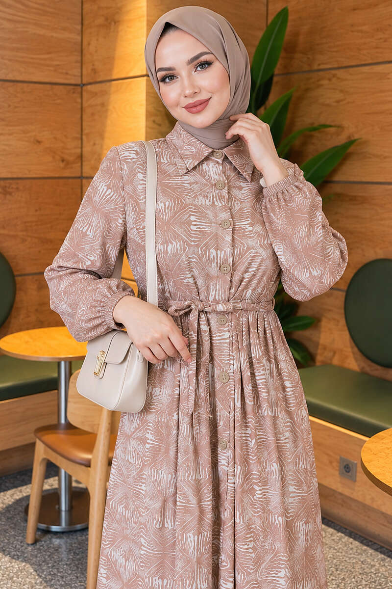Button-Through Patterned Dress - Beige