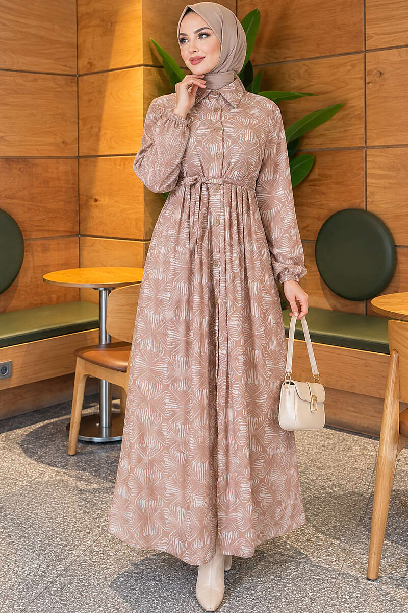 Button-Through Patterned Dress - Beige