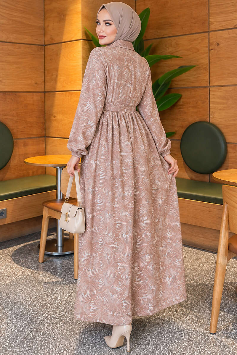 Button-Through Patterned Dress - Beige