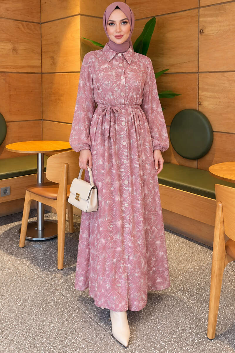 Button-Through Patterned Dress - Powder
