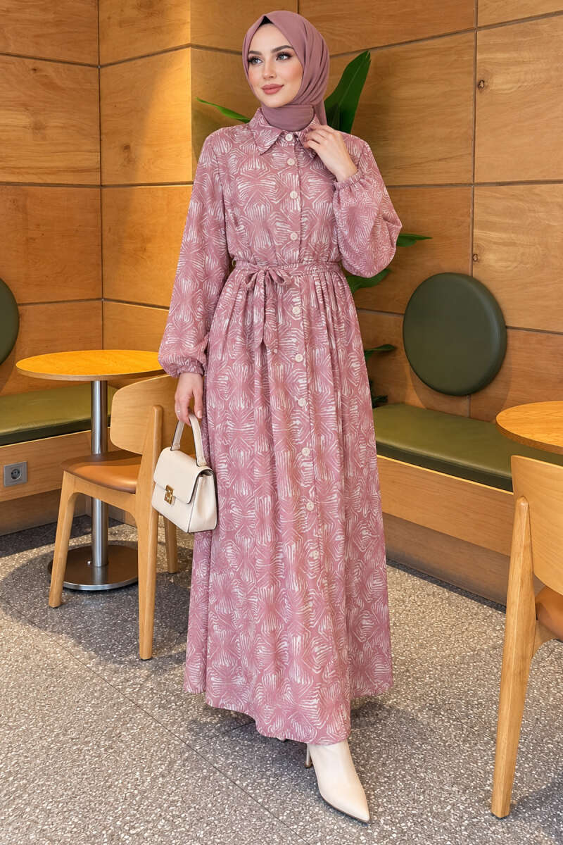 Button-Through Patterned Dress - Powder