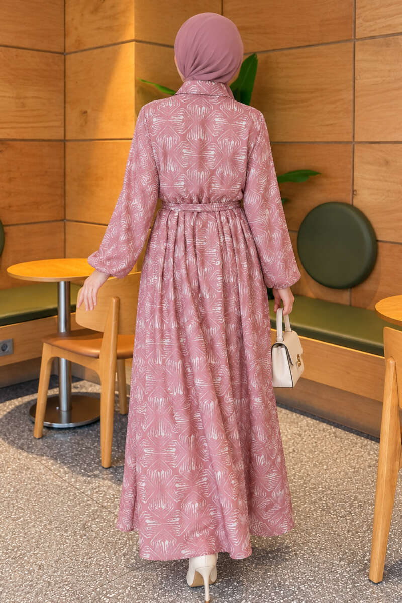 Button-Through Patterned Dress - Powder